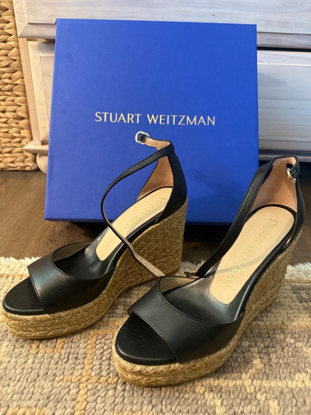 Stuart Weitzman Black Leather Espadrille Wedge Sandals with Ankle Strap